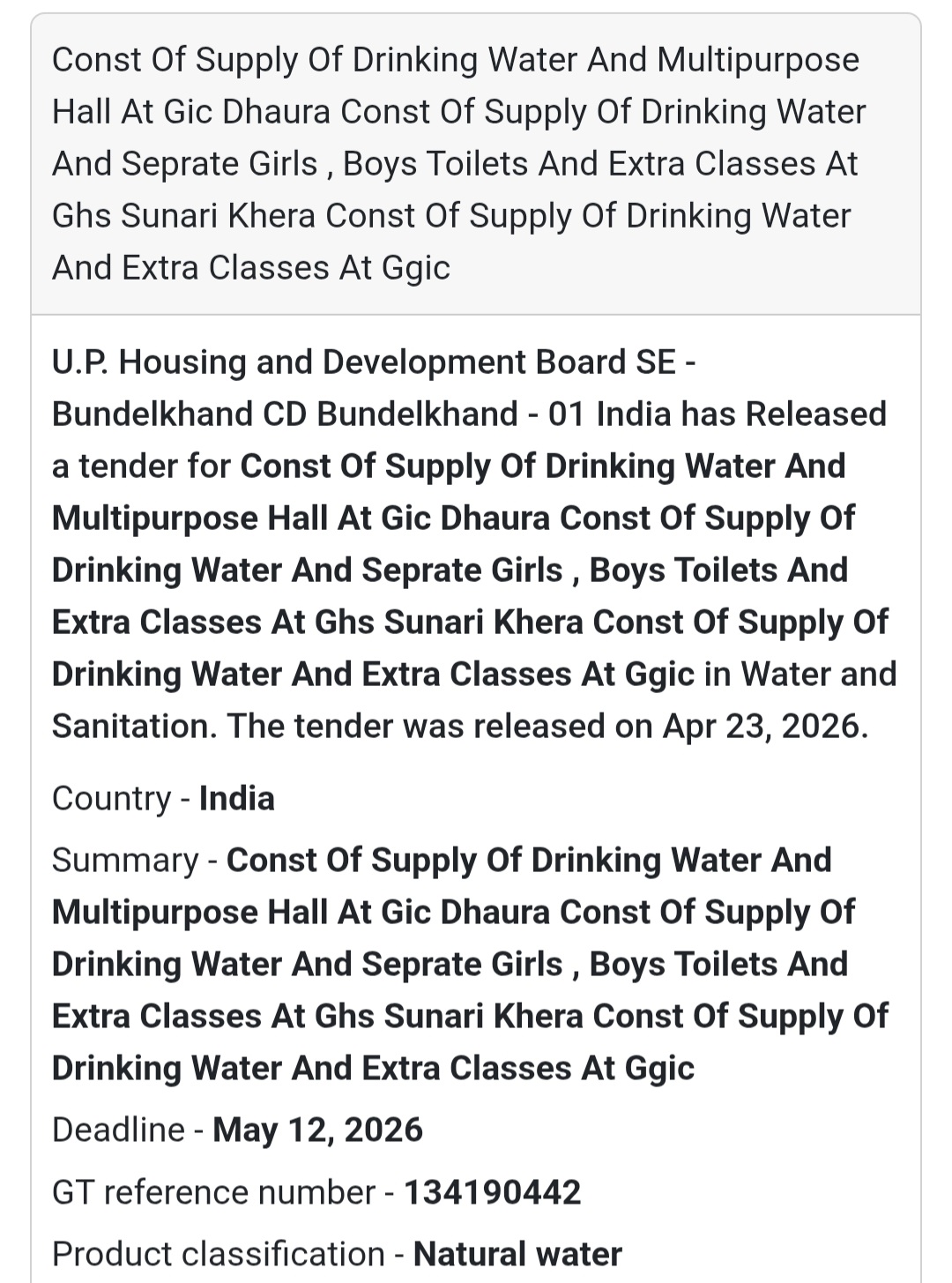 🚰 Water Supply & School Infrastructure – Bundelkhand