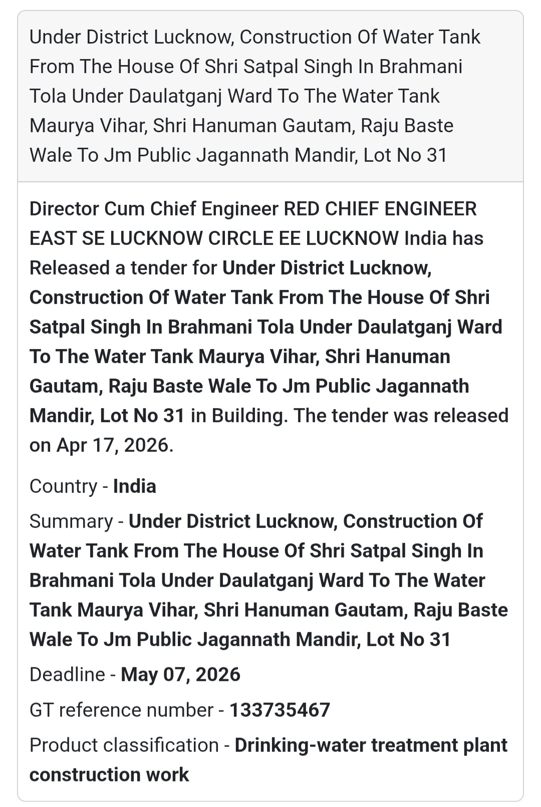 💧 Water Tank Construction – Lucknow (Lot 31)