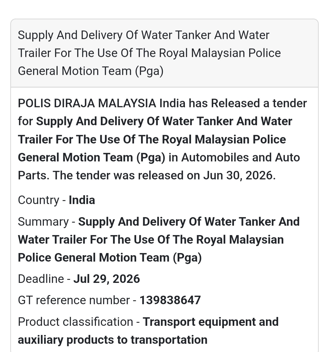 🚛 Water Tanker & Water Trailer Supply Tender – Malaysia