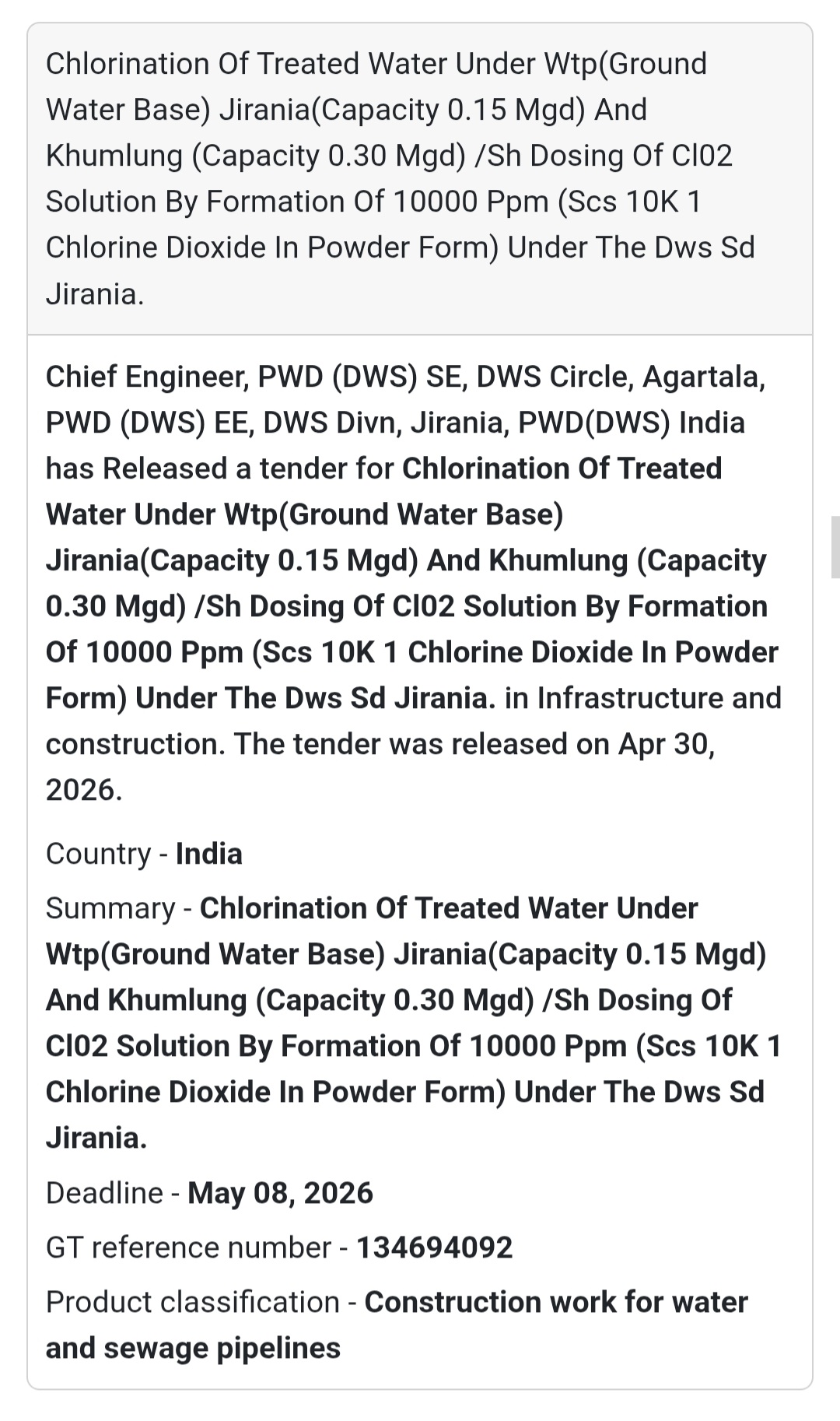 🧪 Water Treatment (Chlorination) – Jirania & Khumulung