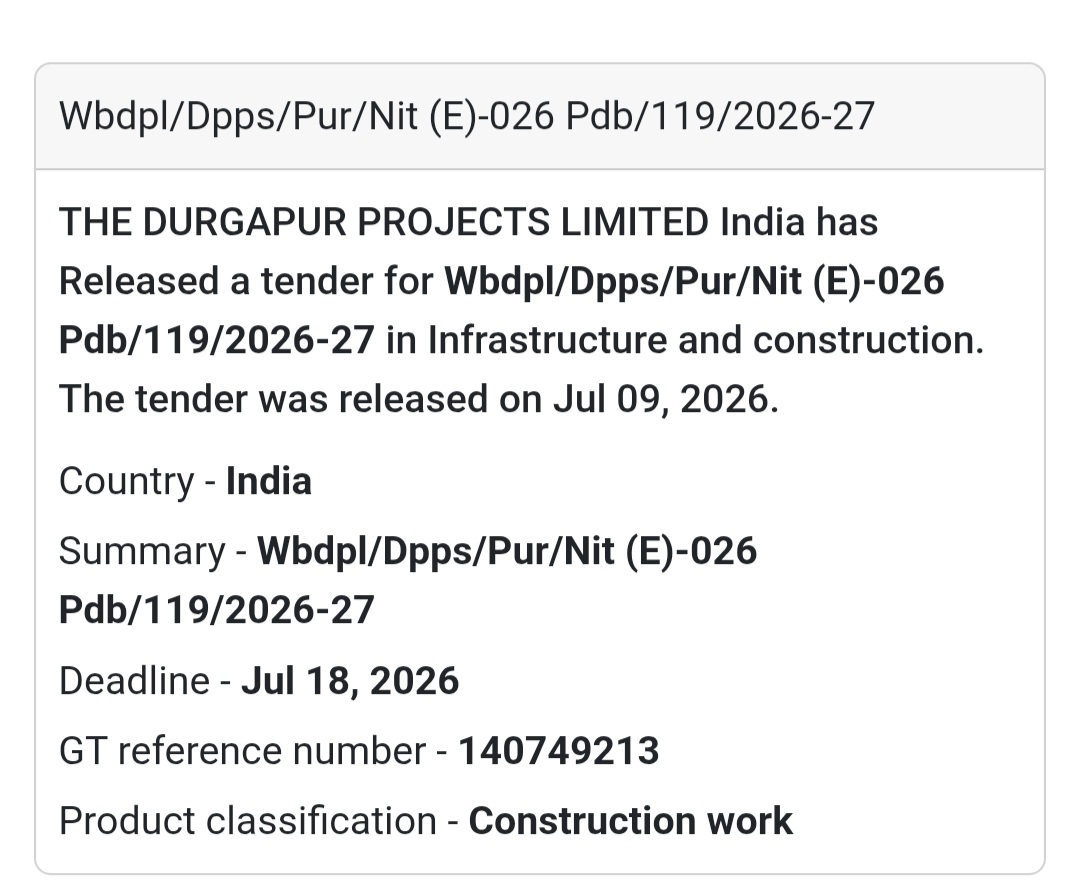 🏗️ WBDPL/DPPS/PUR/NIT (E)-026 PDB/119/2026-27 | 📍Durgapur