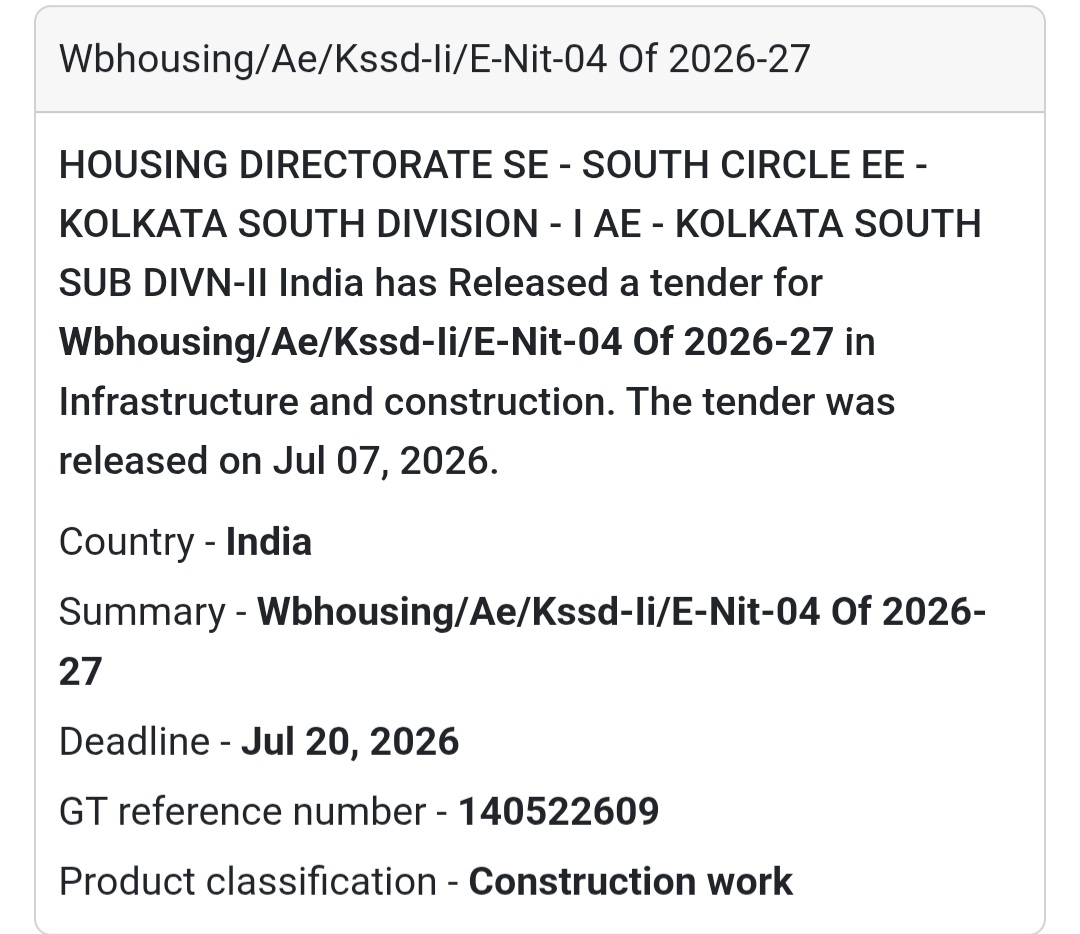 📢 WBHOUSING/AE/KSSD-II/E-NIT-04 of 2026-27 | Kolkata, West Bengal