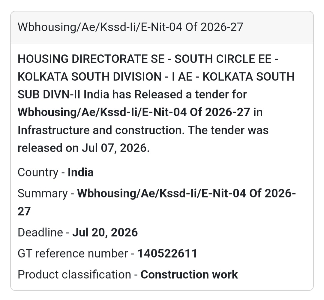 📢 WBHOUSING/AE/KSSD-II/E-NIT-04 of 2026-27 | Kolkata, West Bengal