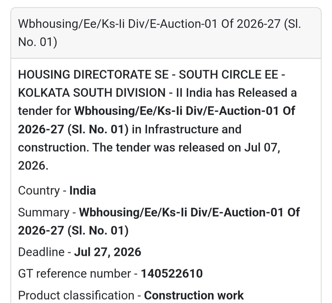 📢 WBHOUSING/EE/KS-II DIV/E-AUCTION-01 of 2026-27 (Sl. No. 01) | Kolkata, West Bengal