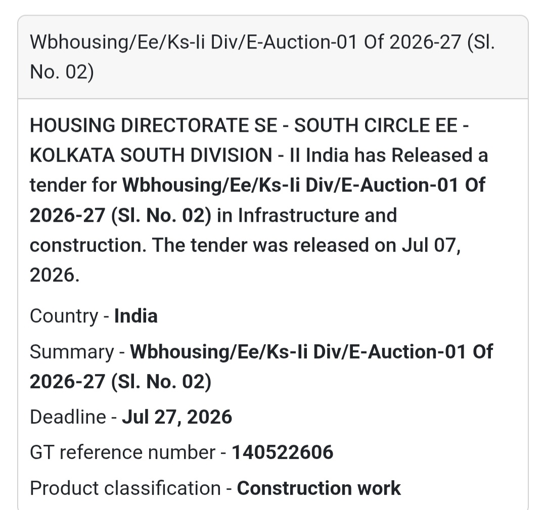 WBHOUSING/EE/KS-II DIV/E-AUCTION-01 of 2026-27 (Sl. No. 02) | Kolkata, West Bengal