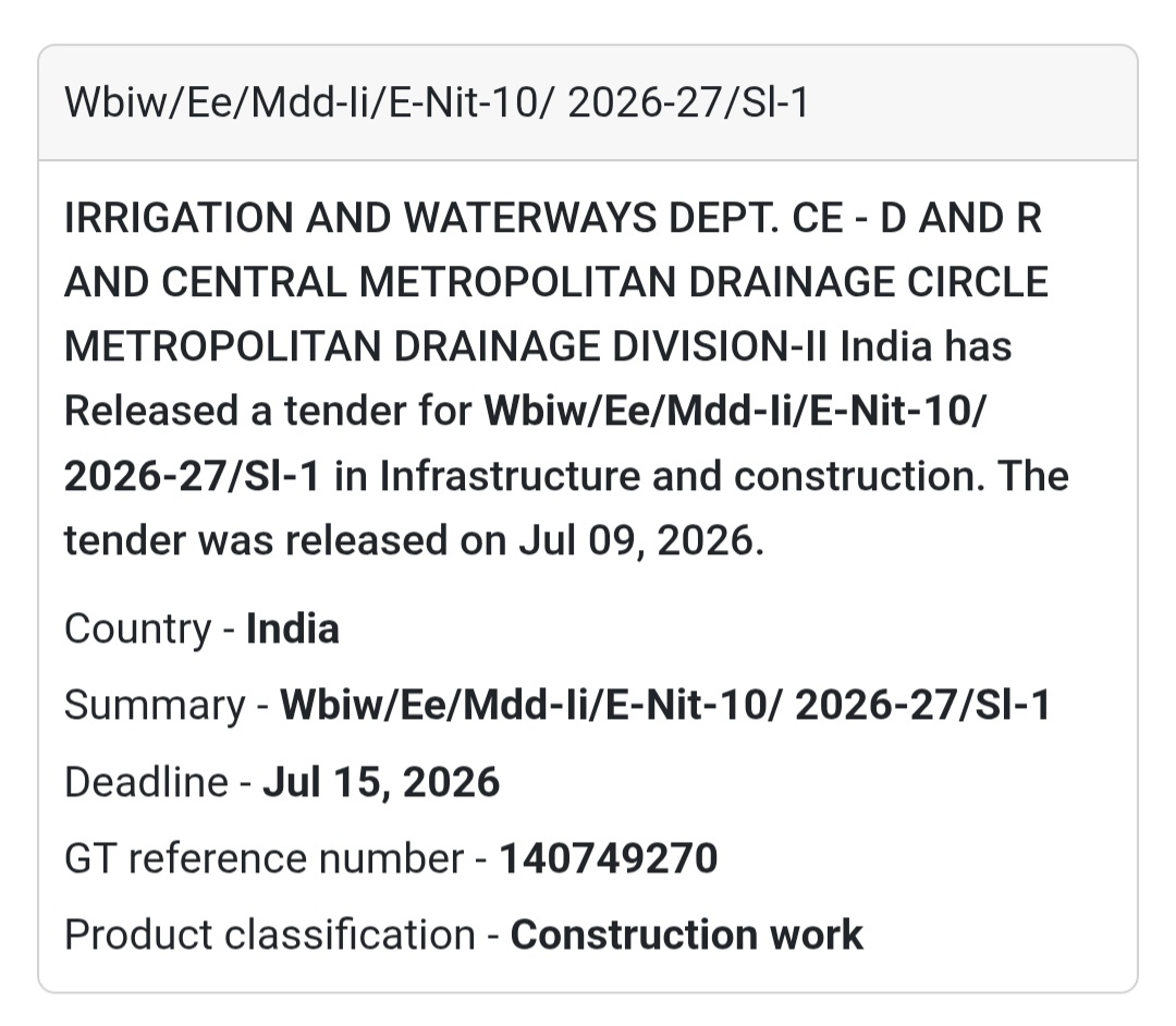 💧 WBIW/EE/MDD-II/E-NIT-10/2026-27/Sl-1 | 📍Kolkata