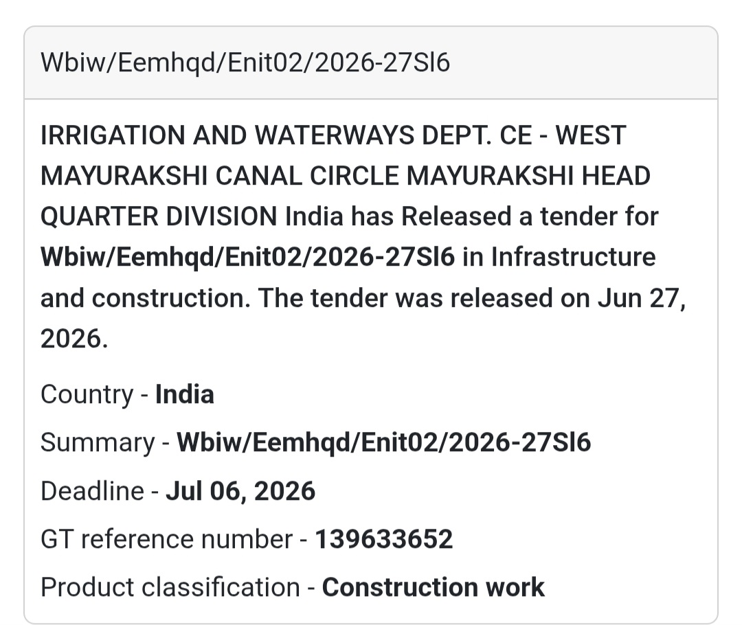 🚧 WBIW/EEMHQD/ENIT02/2026-27 (Sl. 6) | 📍Mayurakshi Head Quarter Division