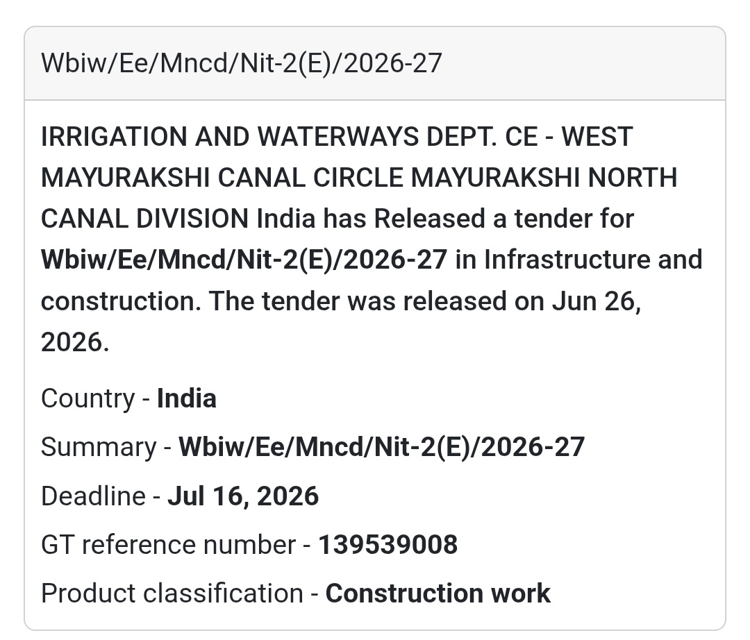 WBIW/EE/MNCD/NIT-2(E)/2026-27 – West Mayurakshi Canal Circle, West Bengal