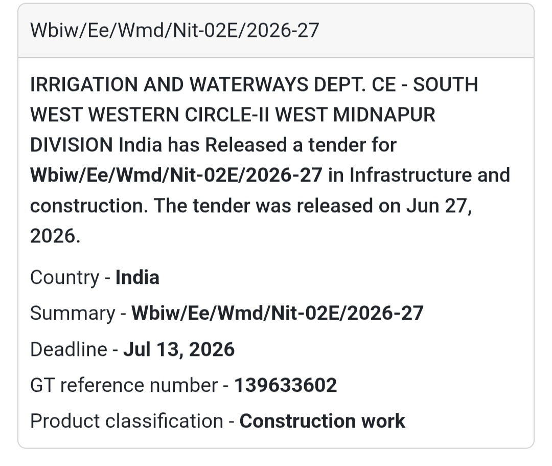 🌊 WBIW/EE/WMD/NIT-02E/2026-27 | 📍West Midnapur Division