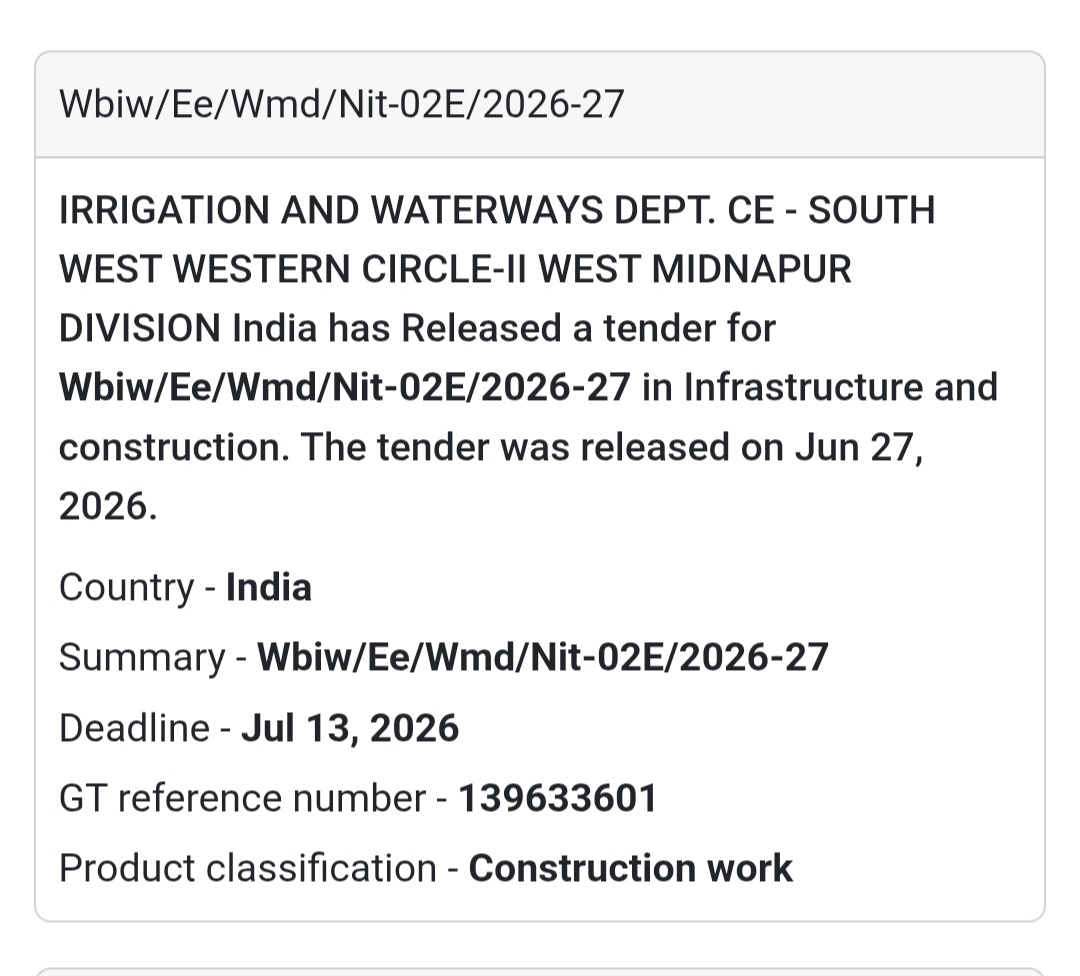 🌊 WBIW/EE/WMD/NIT-02E/2026-27 | 📍West Midnapur Division