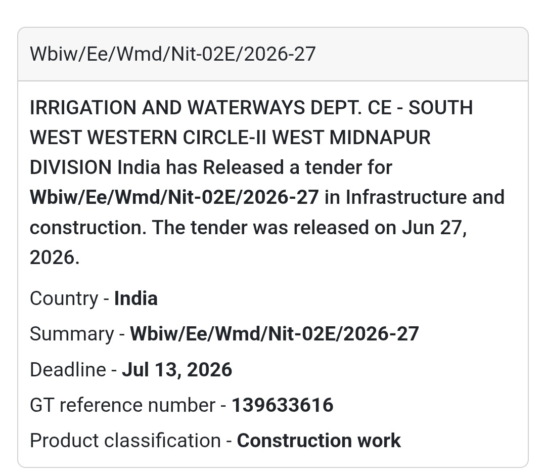 🌊 WBIW/EE/WMD/NIT-02E/2026-27 | 📍West Midnapur Division