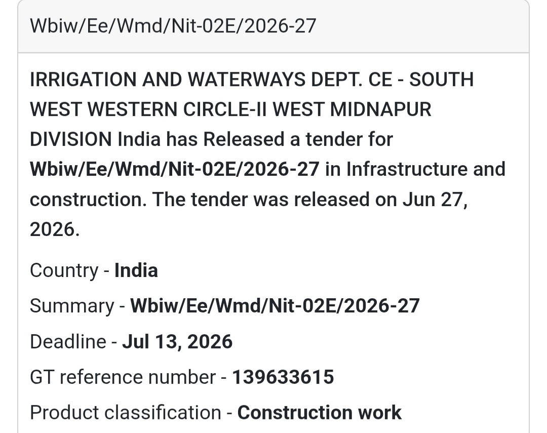 🌊 WBIW/EE/WMD/NIT-02E/2026-27 | 📍West Midnapur Division