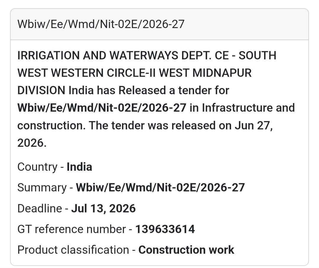 🌊 WBIW/EE/WMD/NIT-02E/2026-27 | 📍West Midnapur Division