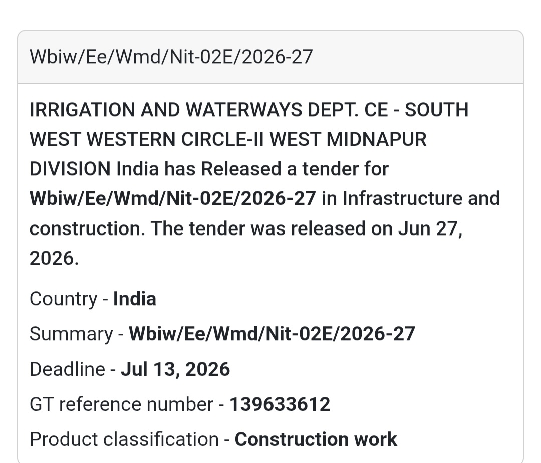 🌊 WBIW/EE/WMD/NIT-02E/2026-27 | 📍West Midnapur Division