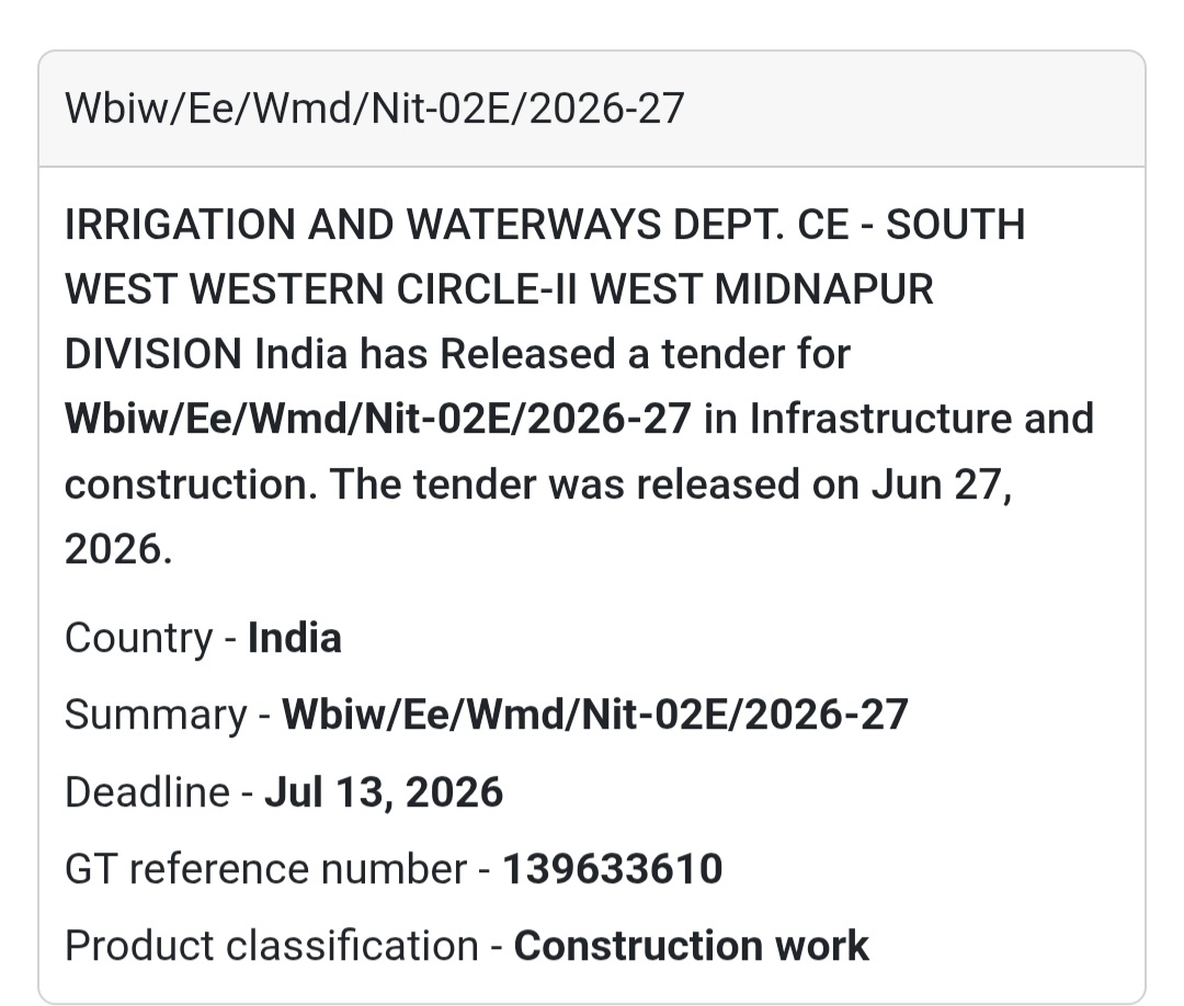 🌊 WBIW/EE/WMD/NIT-02E/2026-27 | 📍West Midnapur Division