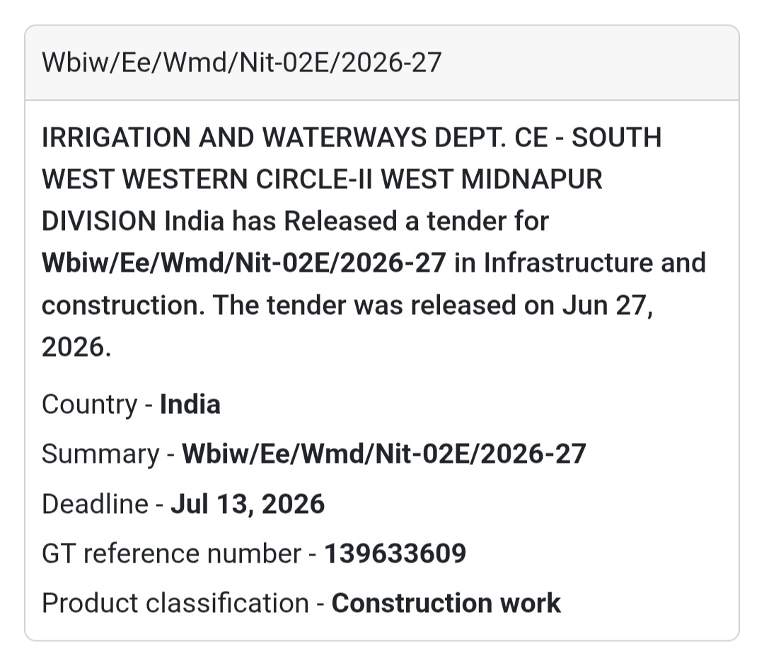 🌊 WBIW/EE/WMD/NIT-02E/2026-27 | 📍West Midnapur Division