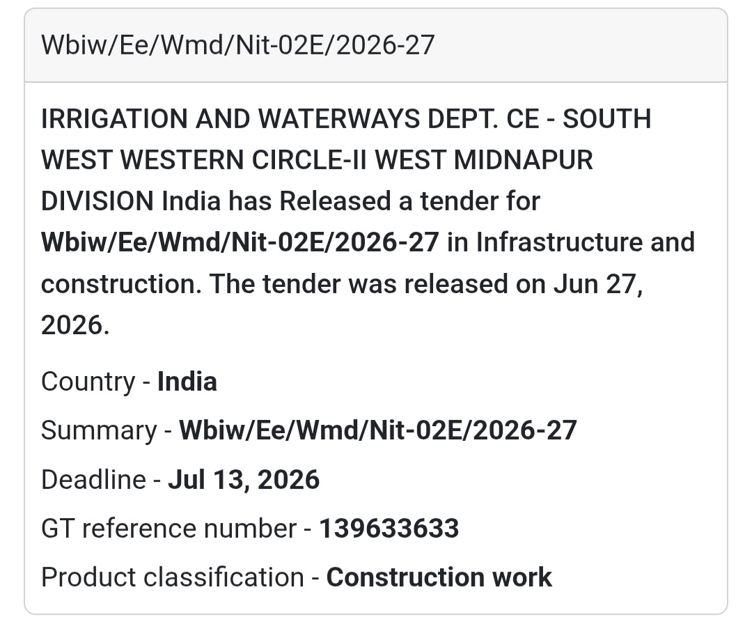 🚰 WBIW/EE/WMD/NIT-02E/2026-27 | 📍West Midnapur Division