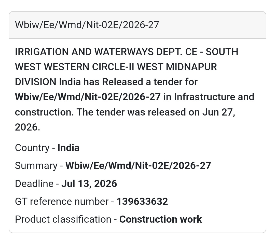 🚰 WBIW/EE/WMD/NIT-02E/2026-27 | 📍West Midnapur Division