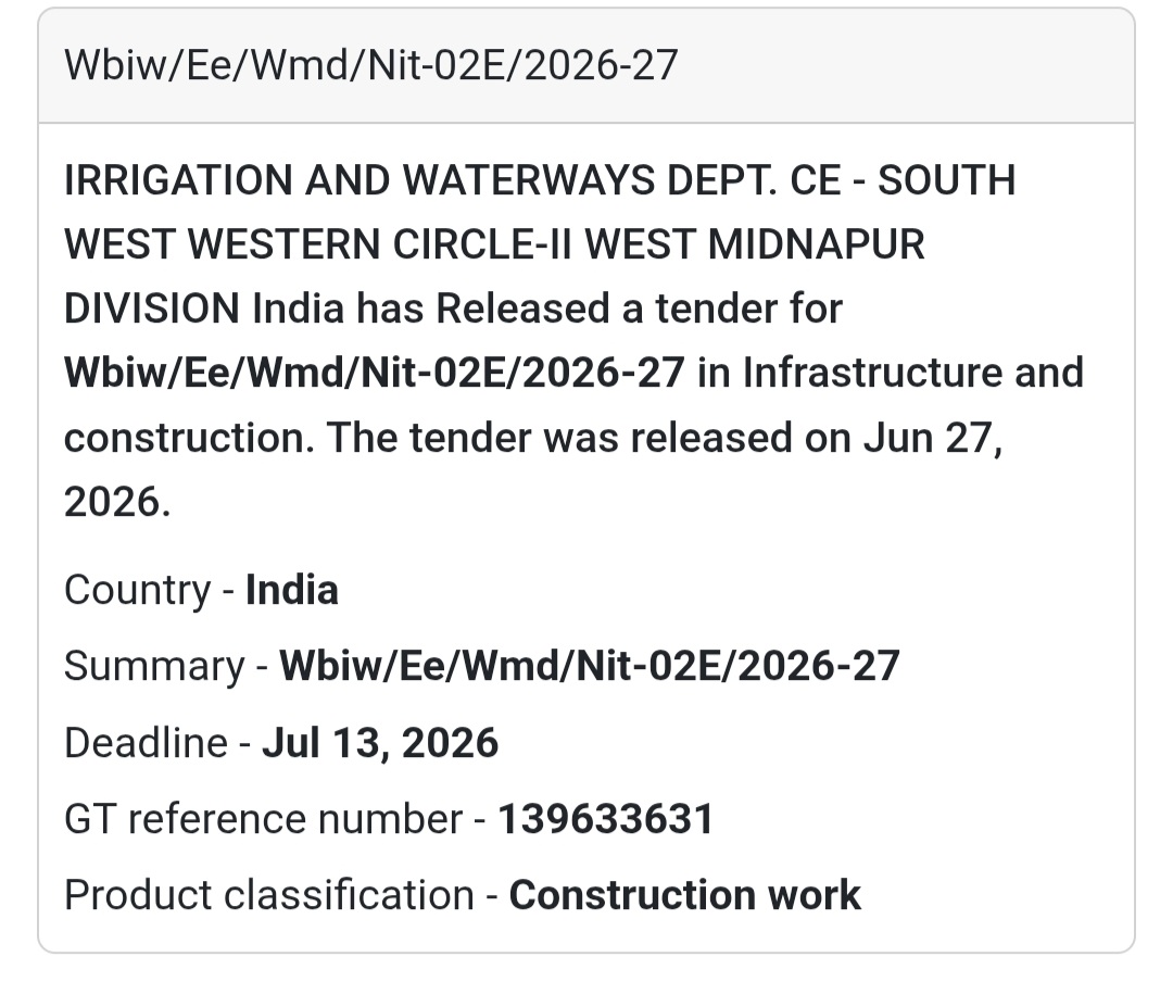 🚰 WBIW/EE/WMD/NIT-02E/2026-27 | 📍West Midnapur Division
