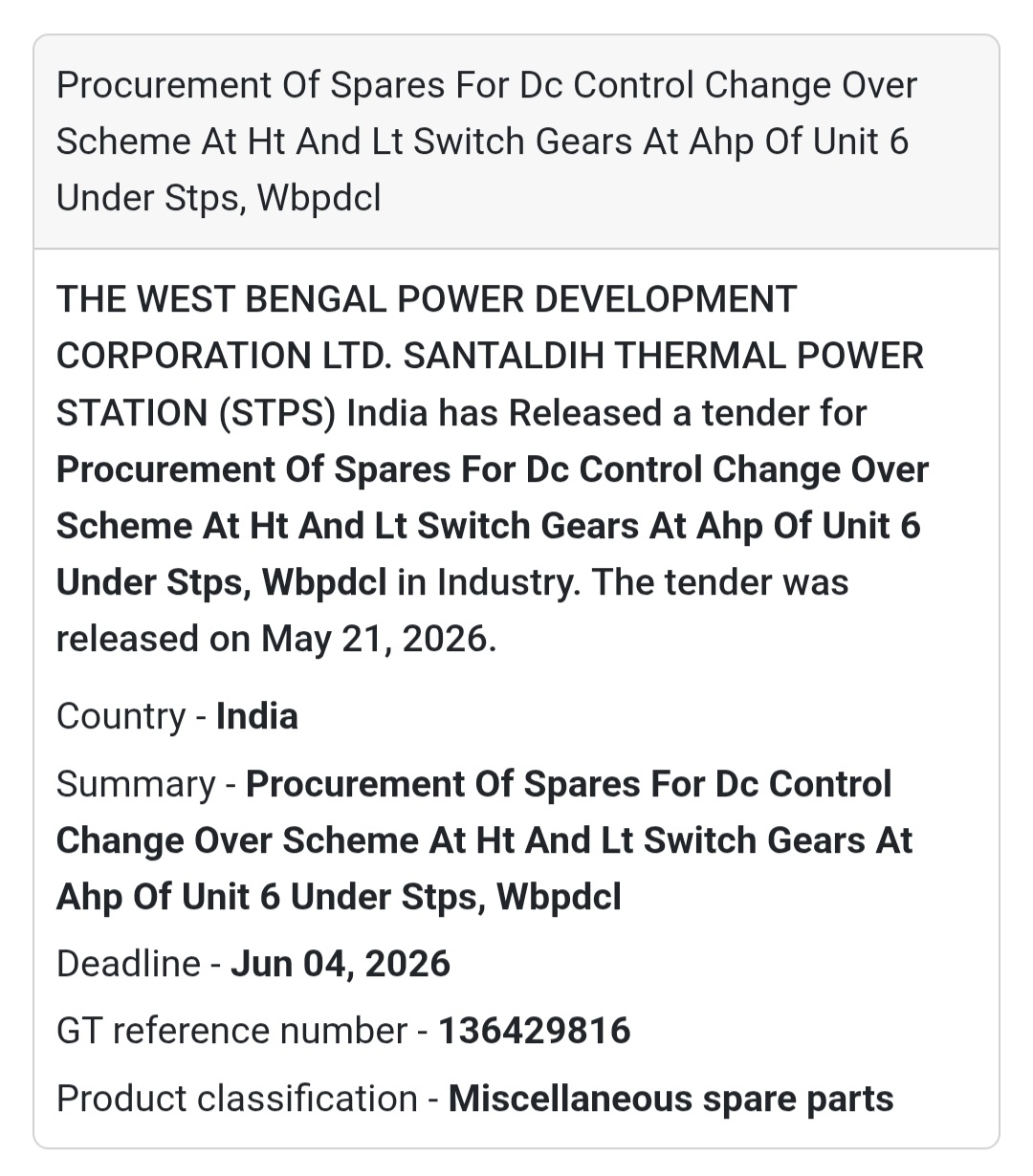 ⚡ WBPDCL Spare Parts Procurement Tender