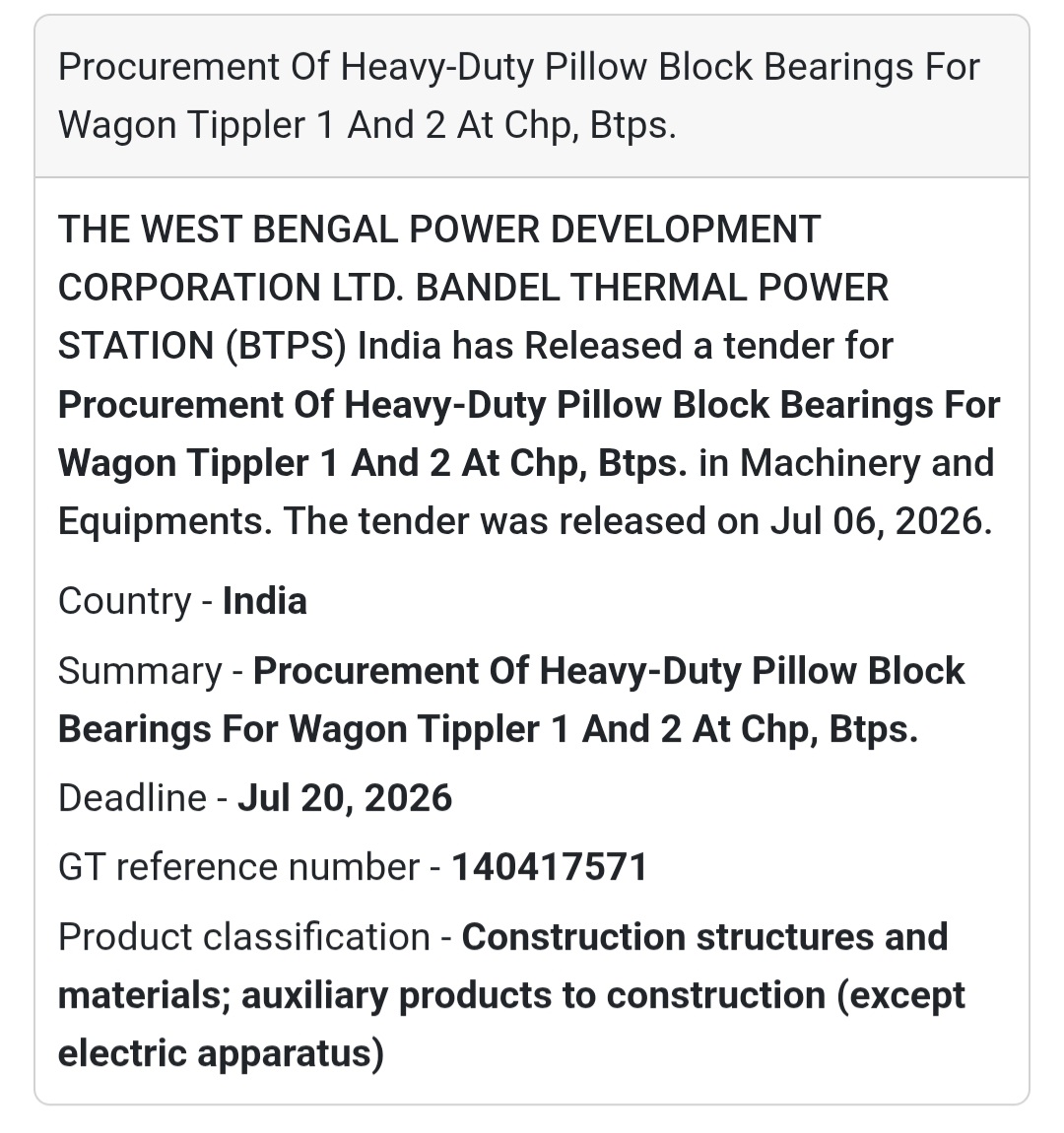 ⚙️ WBPDCL Tender | Bandel Thermal Power Station, West Bengal