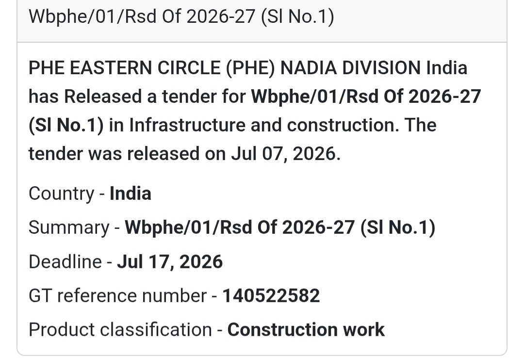 🚰 WBPHE/01/RSD of 2026–27 (Sl. No. 1) – Construction Work (Nadia, West Bengal)