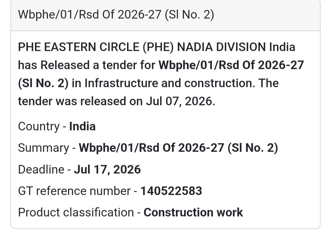 🚰 WBPHE/01/RSD of 2026–27 (Sl. No. 2) – Construction Work (Nadia, West Bengal)