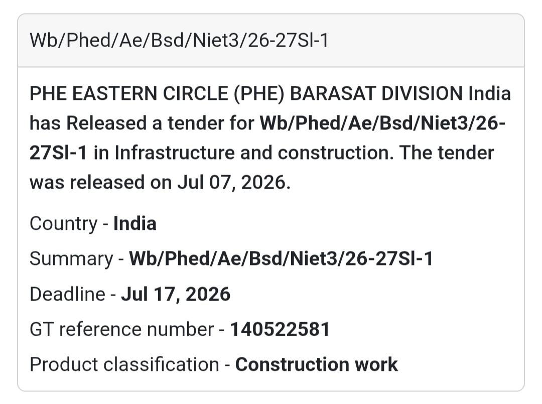 🚰 Wb/Phed/Ae/Bsd/Niet3/26-27 Sl-1 – Construction Work (Barasat, West Bengal)