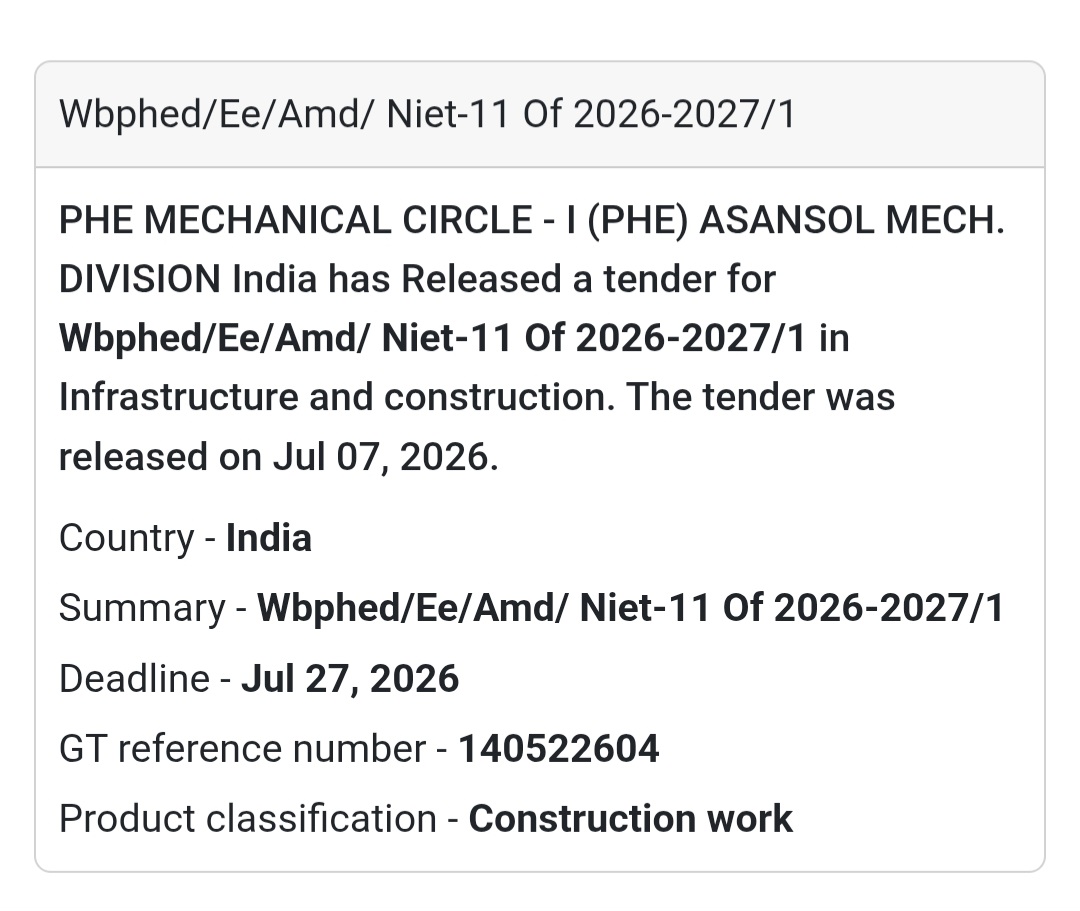 WBPHED/EE/AMD/NIeT-11 of 2026-2027/1 | Asansol, West Bengal
