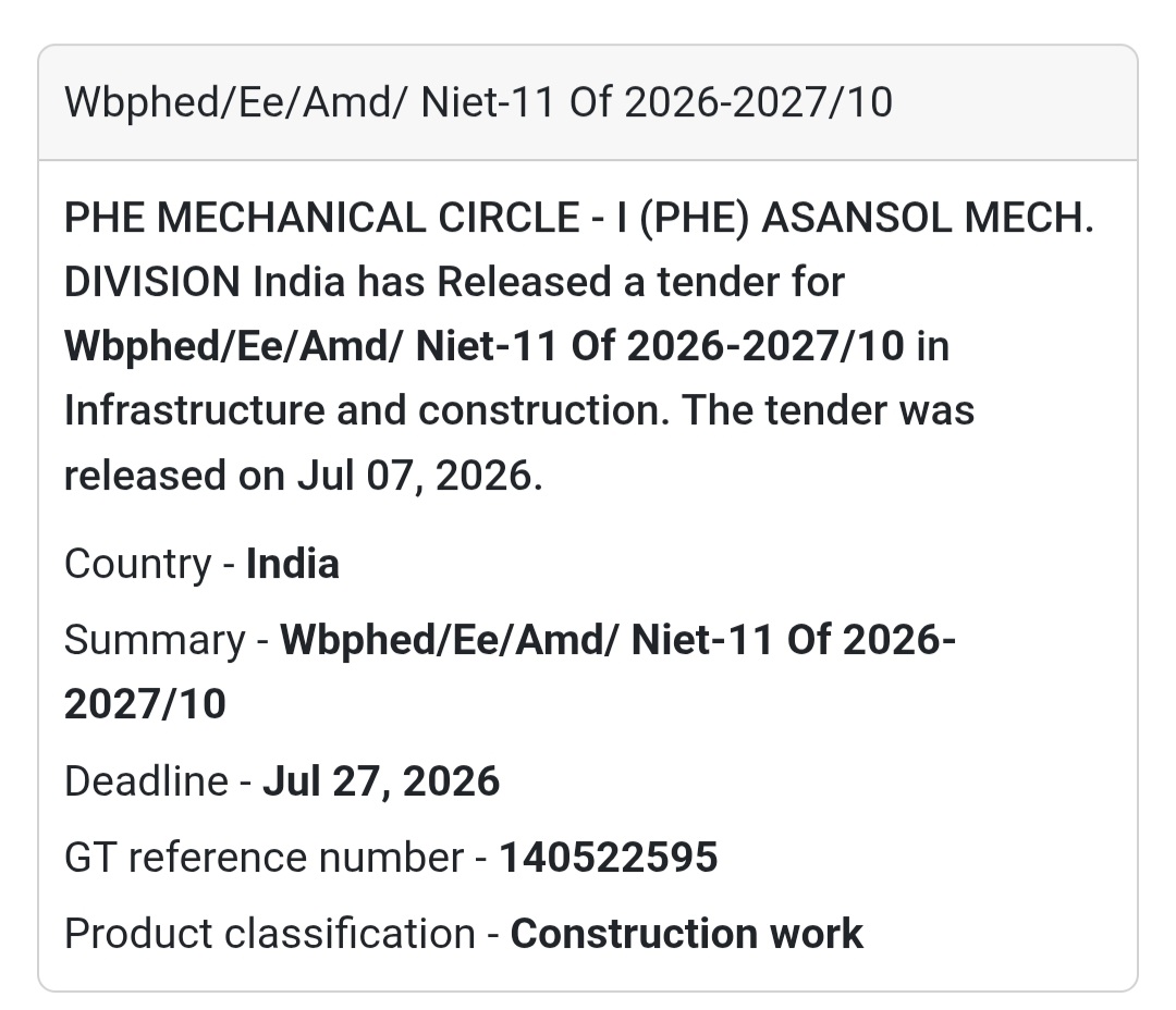⚙️ Wbphed/Ee/Amd/Niet-11 of 2026–2027/10 – Construction Work (Asansol, West Bengal)
