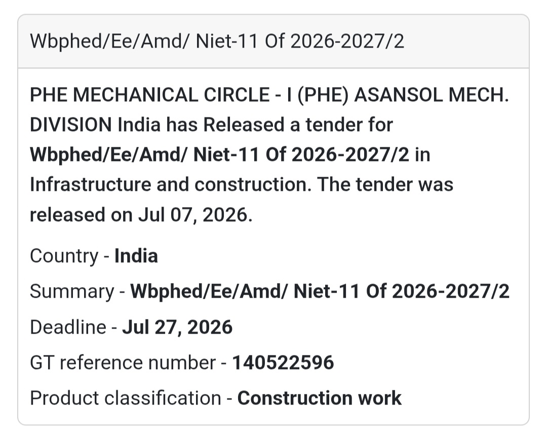 ⚙️ Wbphed/Ee/Amd/Niet-11 of 2026–2027/2 – Construction Work (Asansol, West Bengal)