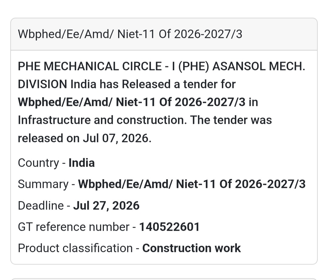 WBPHED/EE/AMD/NIeT-11 of 2026-2027/3 | Asansol, West Bengal