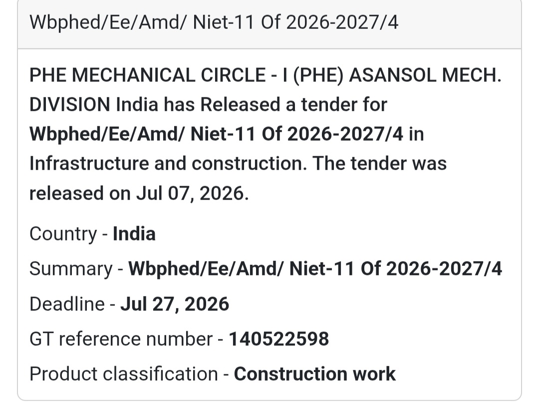 ⚙️ Wbphed/Ee/Amd/Niet-11 of 2026–2027/4 – Construction Work (Asansol, West Bengal)