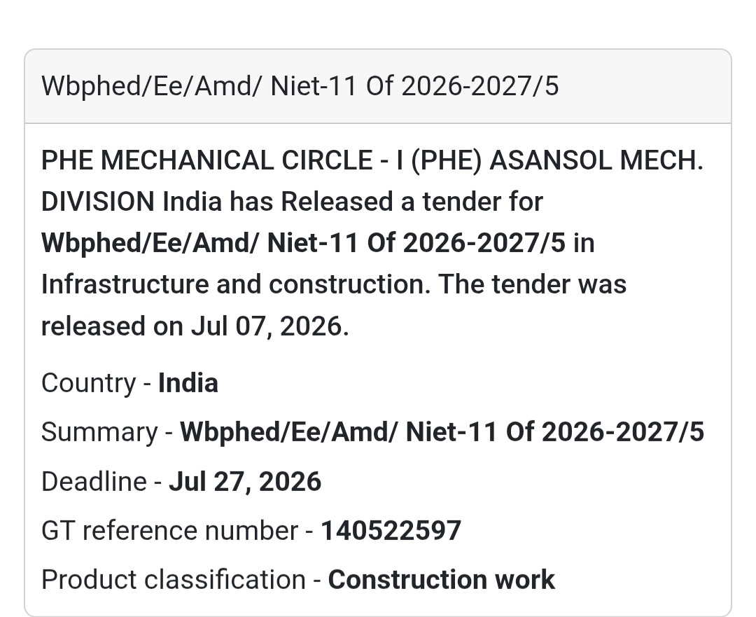 ⚙️ Wbphed/Ee/Amd/Niet-11 of 2026–2027/4 – Construction Work (Asansol, West Bengal)
