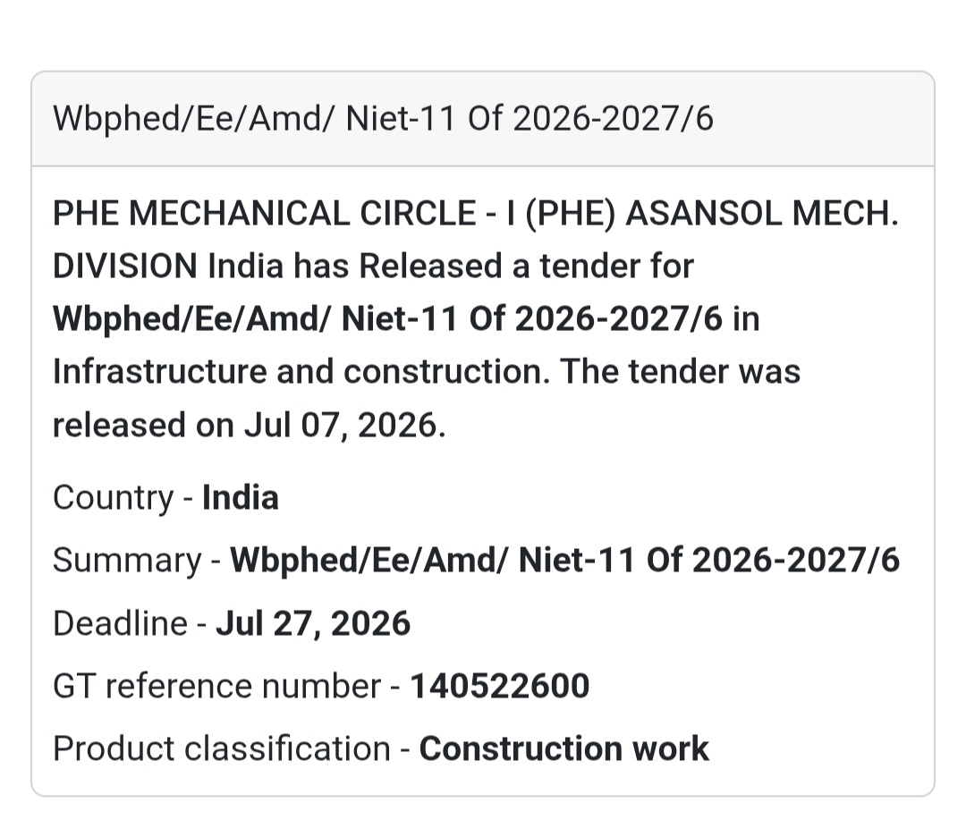WBPHED/EE/AMD/NIeT-11 of 2026-2027/6 | Asansol, West Bengal