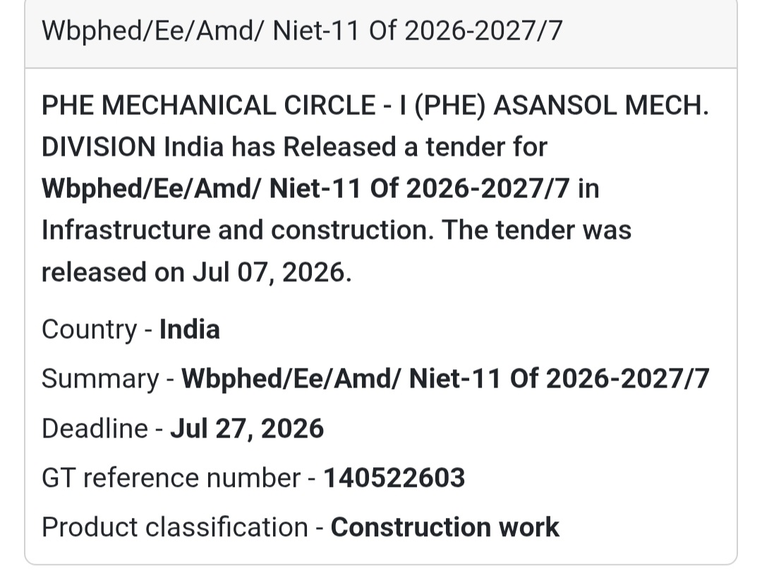 WBPHED/EE/AMD/NIeT-11 of 2026-2027/7 | Asansol, West Bengal