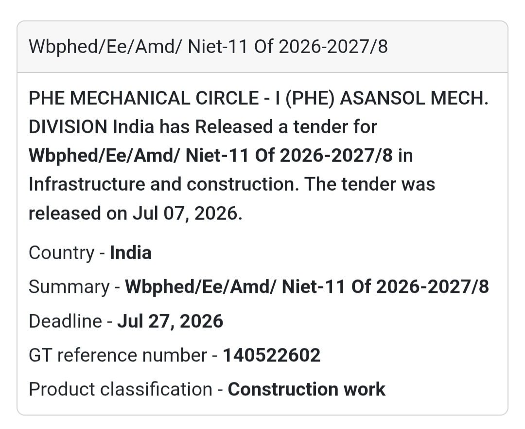 WBPHED/EE/AMD/NIeT-11 of 2026-2027/8 | Asansol, West Bengal