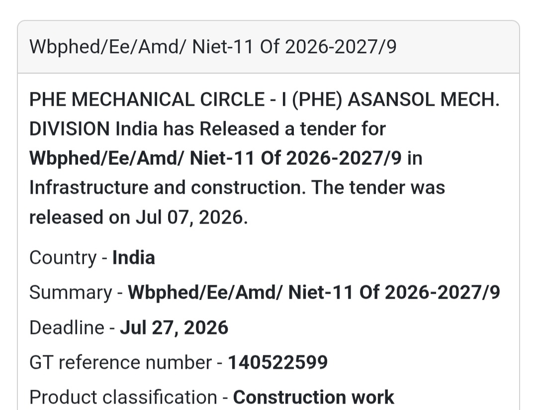 ⚙️ Wbphed/Ee/Amd/Niet-11 of 2026–2027/9 – Construction Work (Asansol, West Bengal)