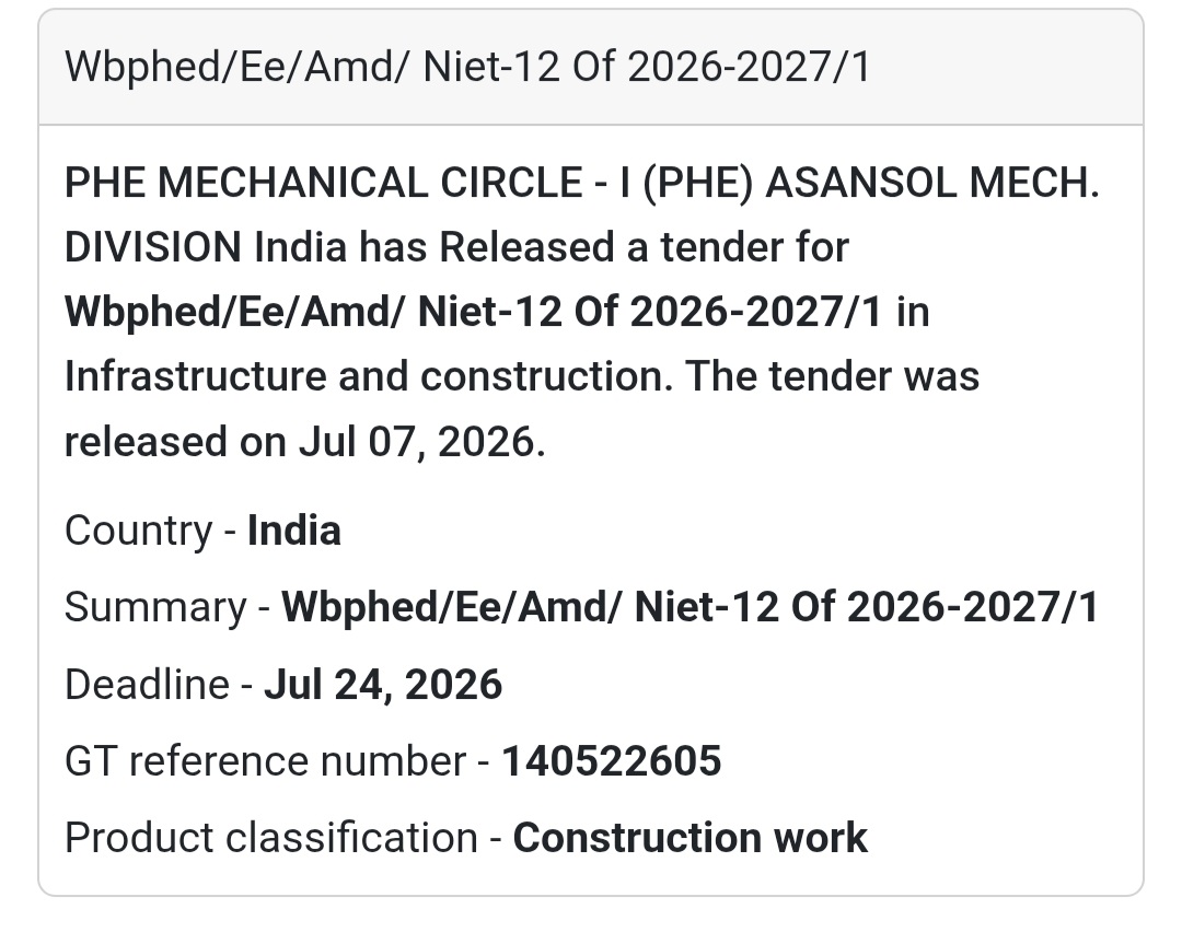 WBPHED/EE/AMD/NIeT-12 of 2026-2027/1 | Asansol, West Bengal