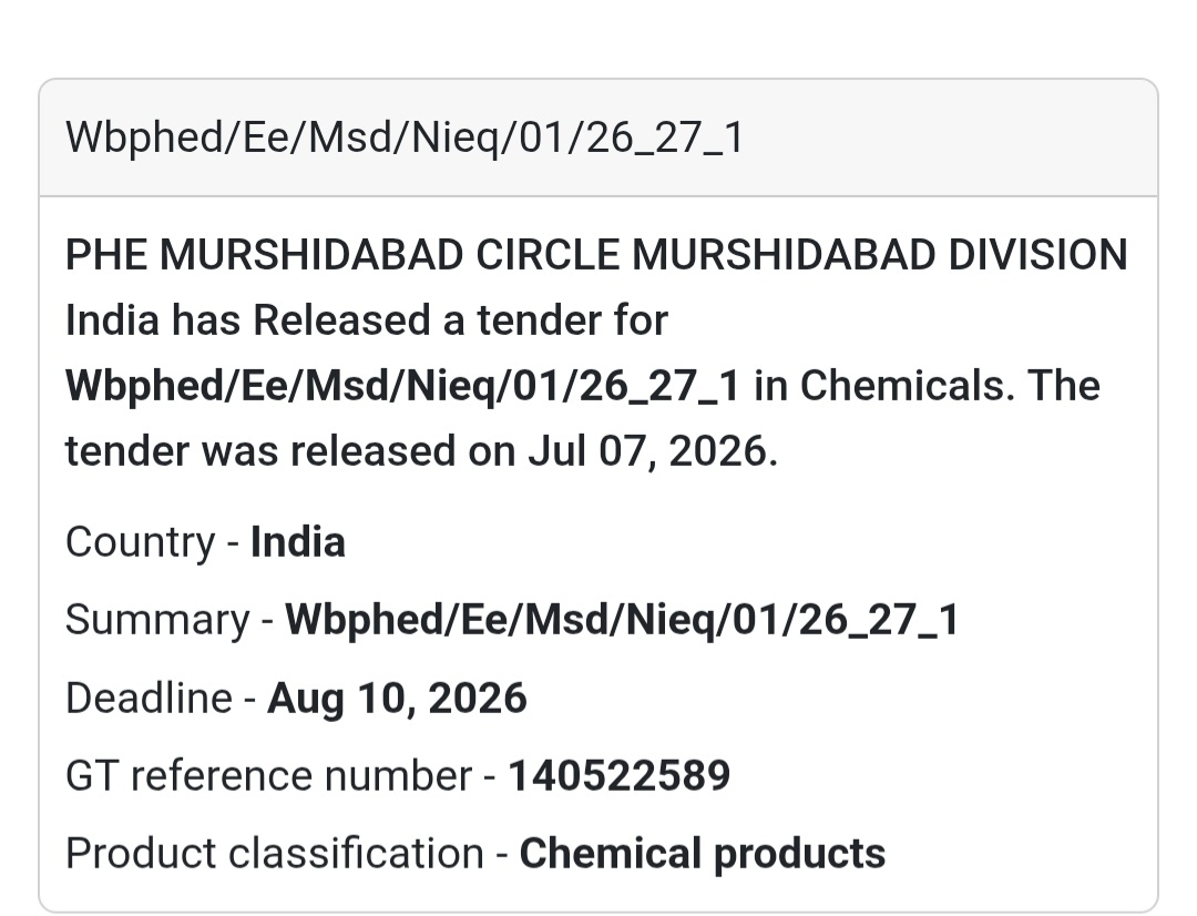 🧪 Wbphed/Ee/Msd/Nieq/01/26_27_1 – Chemical Products Tender (Murshidabad, West Bengal)