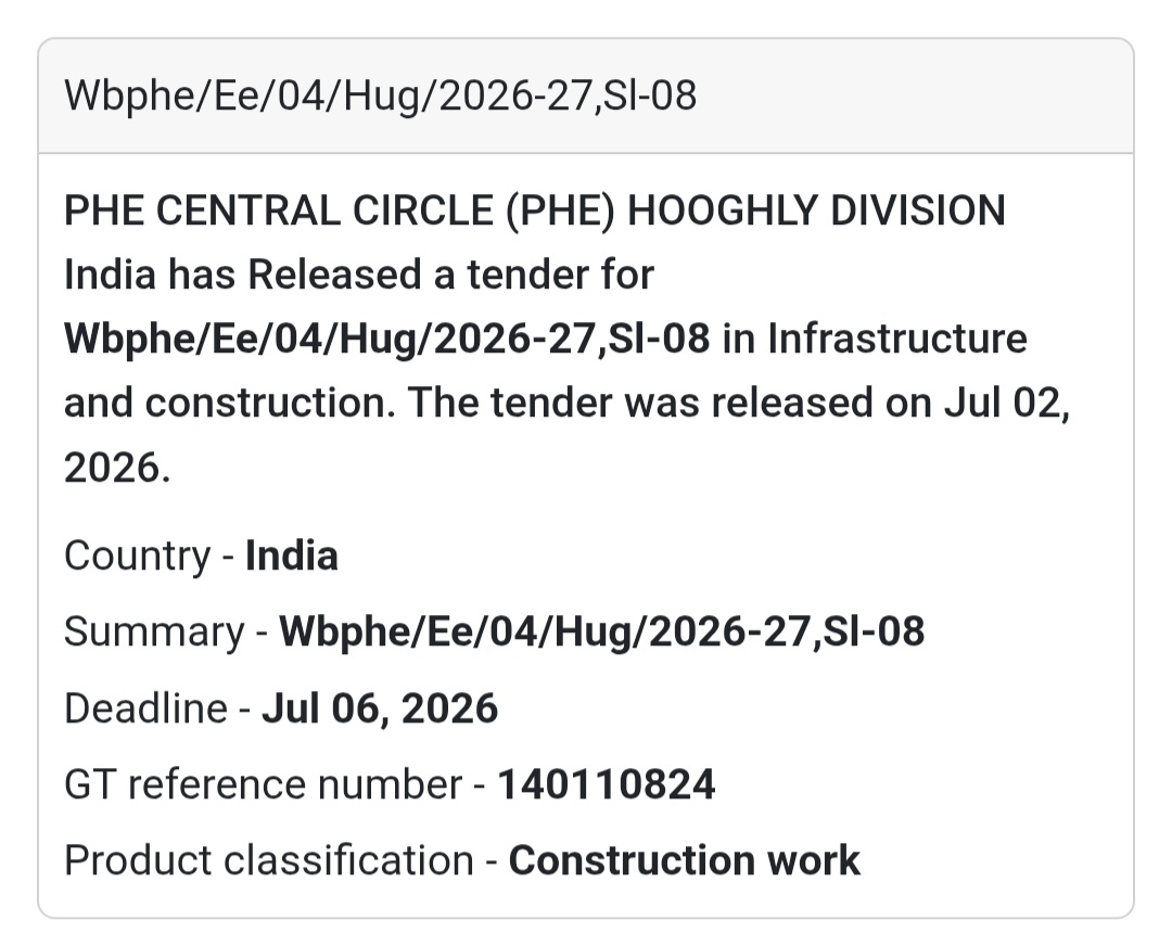 🏗️ WBPHE/EE/04/HUG/2026-27/Sl-08 Tender | 📍Hooghly, West Bengal