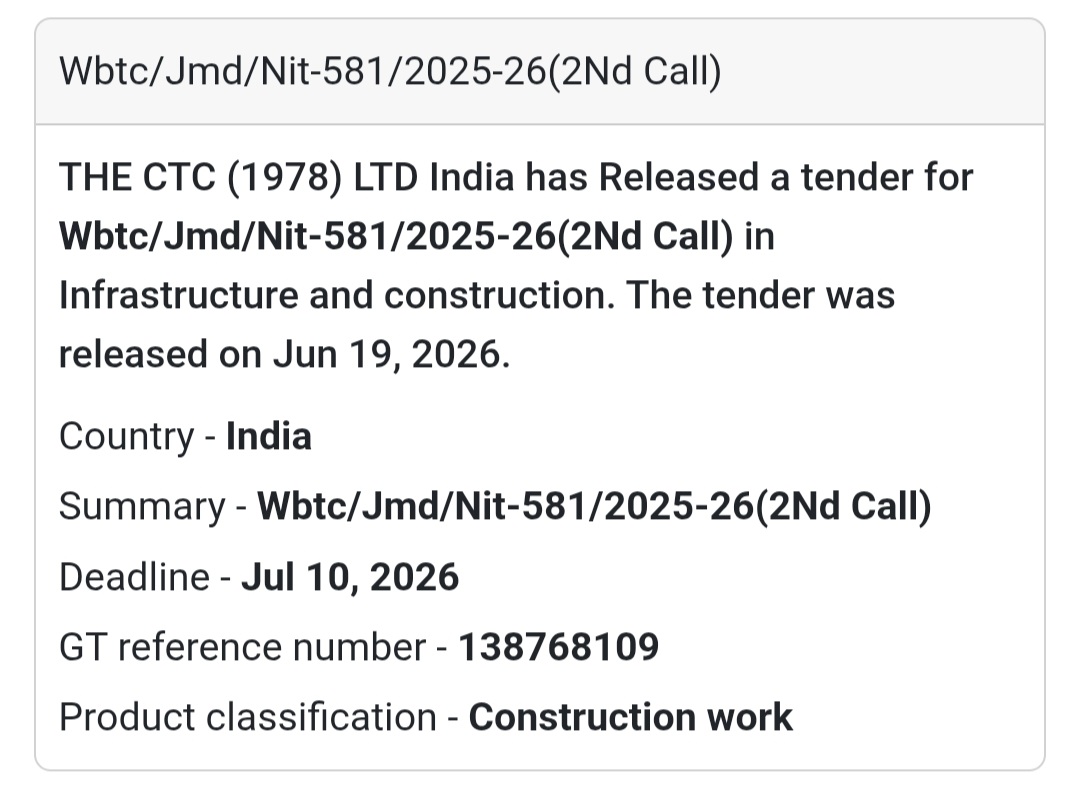 🏢 WBTC/JMD/NIT-581/2025-26 (2nd Call) | Kolkata