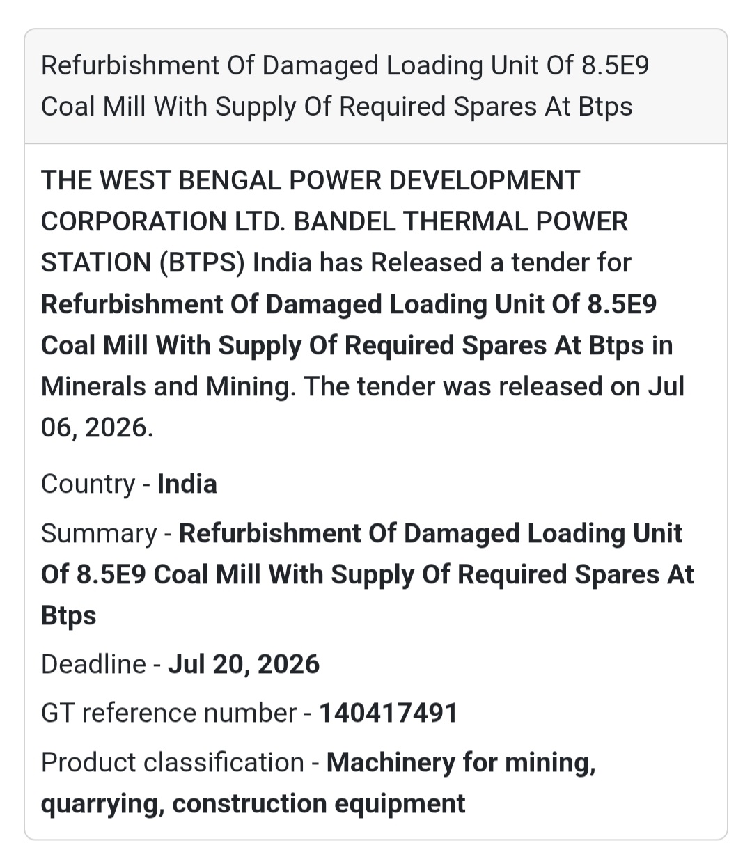 ⚙️ West Bengal Power Development Corporation Ltd. (BTPS) Tender | India