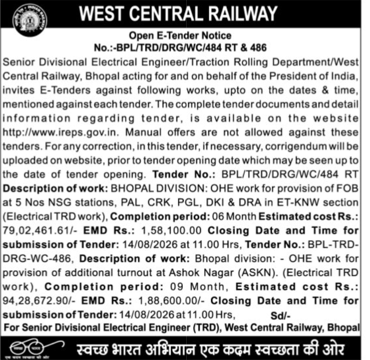 🚆 West Central Railway Open E-Tender Notice – Bhopal