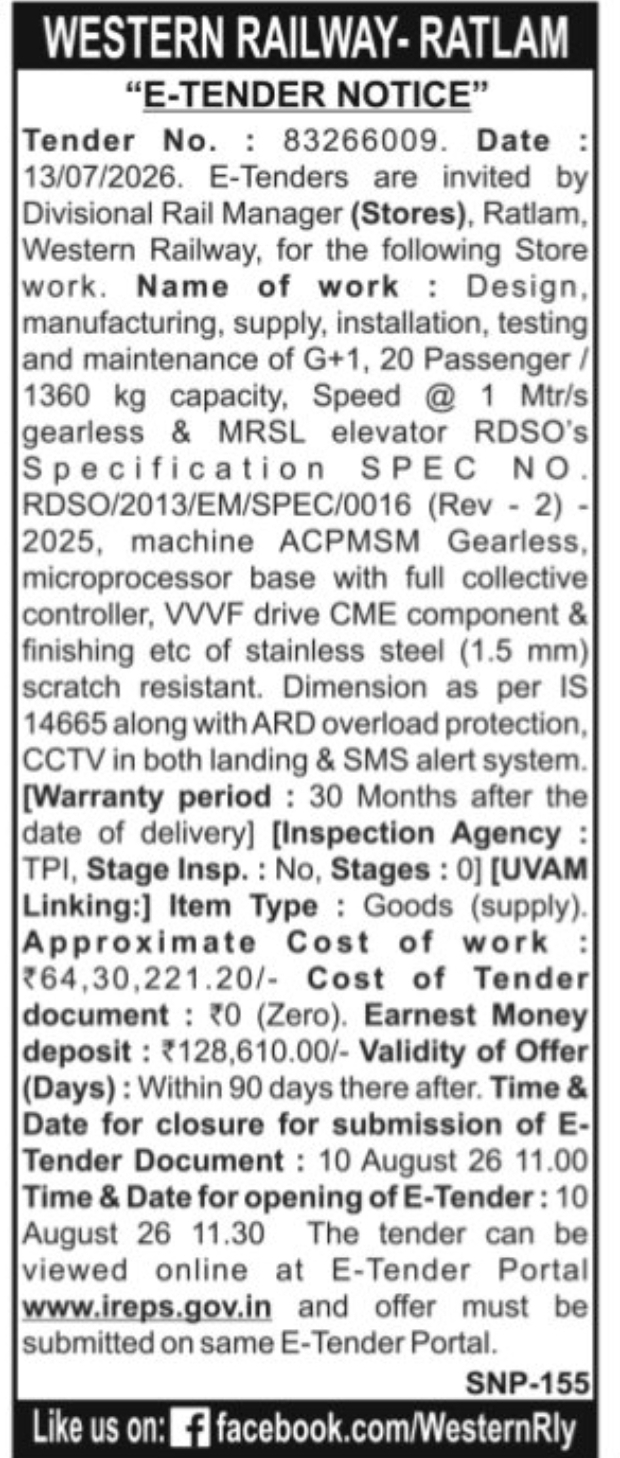 Western Railway – E-Tender Notice🚆 E-Tender Notice