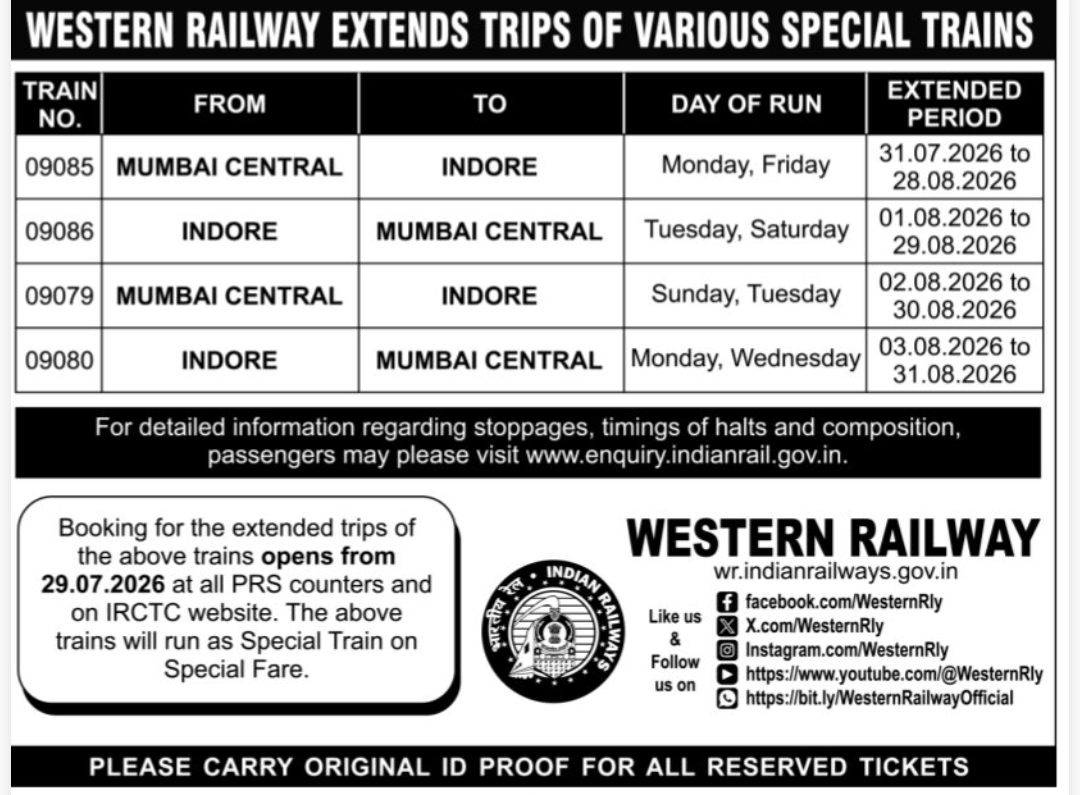 🚆 Western Railway Extends Special Train Services