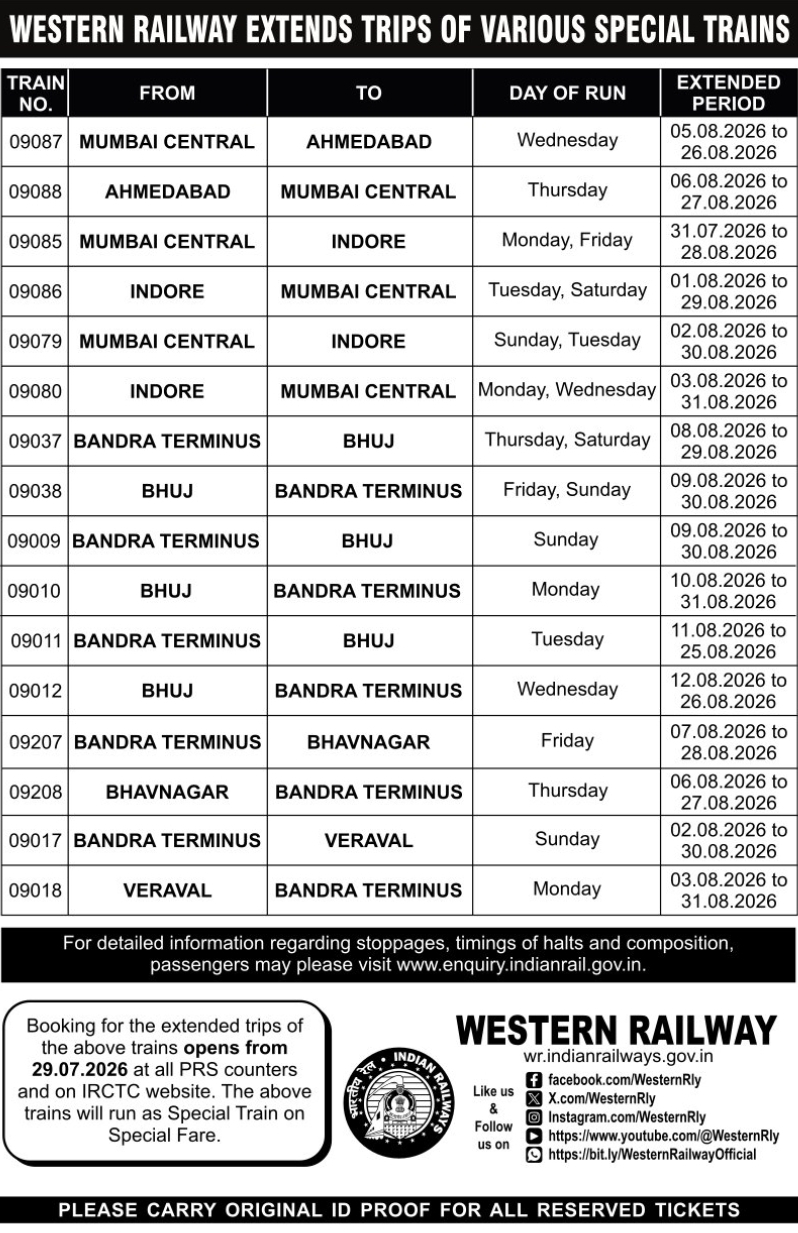 🚆 Western Railway Extends Special Train Services