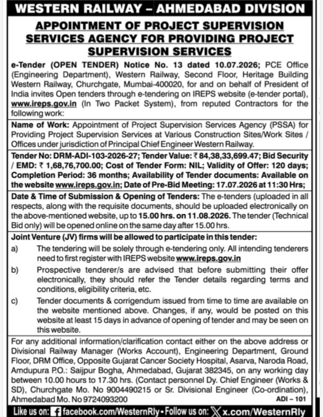 🚆 Western Railway – Project Supervision Services Tender