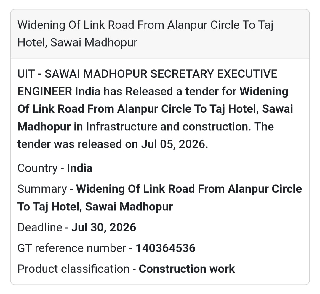 🛣️ Widening of Link Road – Alanpur Circle to Taj Hotel, Sawai Madhopur 🏗️