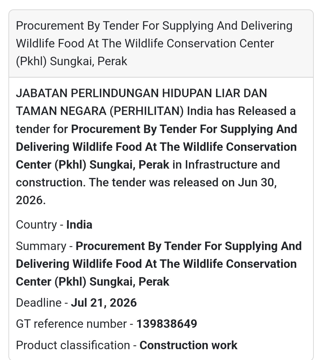 🐘 Wildlife Food Supply Tender – Sungkai, Perak, Malaysia